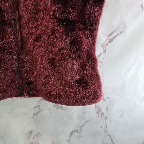 Vintage Y2K Vest Womens Medium Red Faux Fur Mob Coat Burgundy Glam Boss - Picture 4 of 10